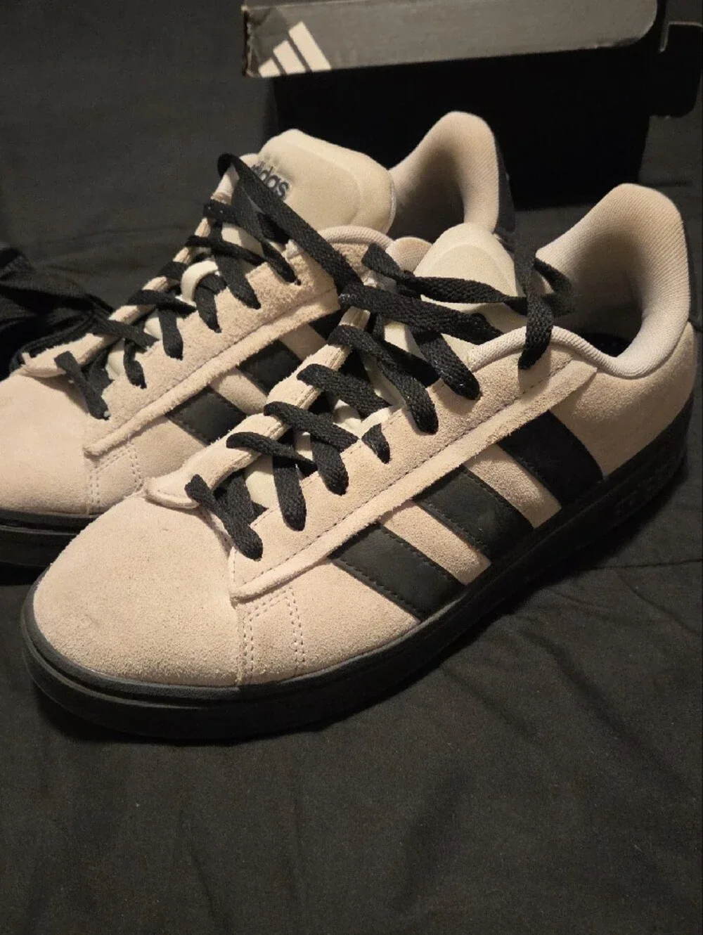adidas Men’s Grey Suede Sneakers with Black Stripes